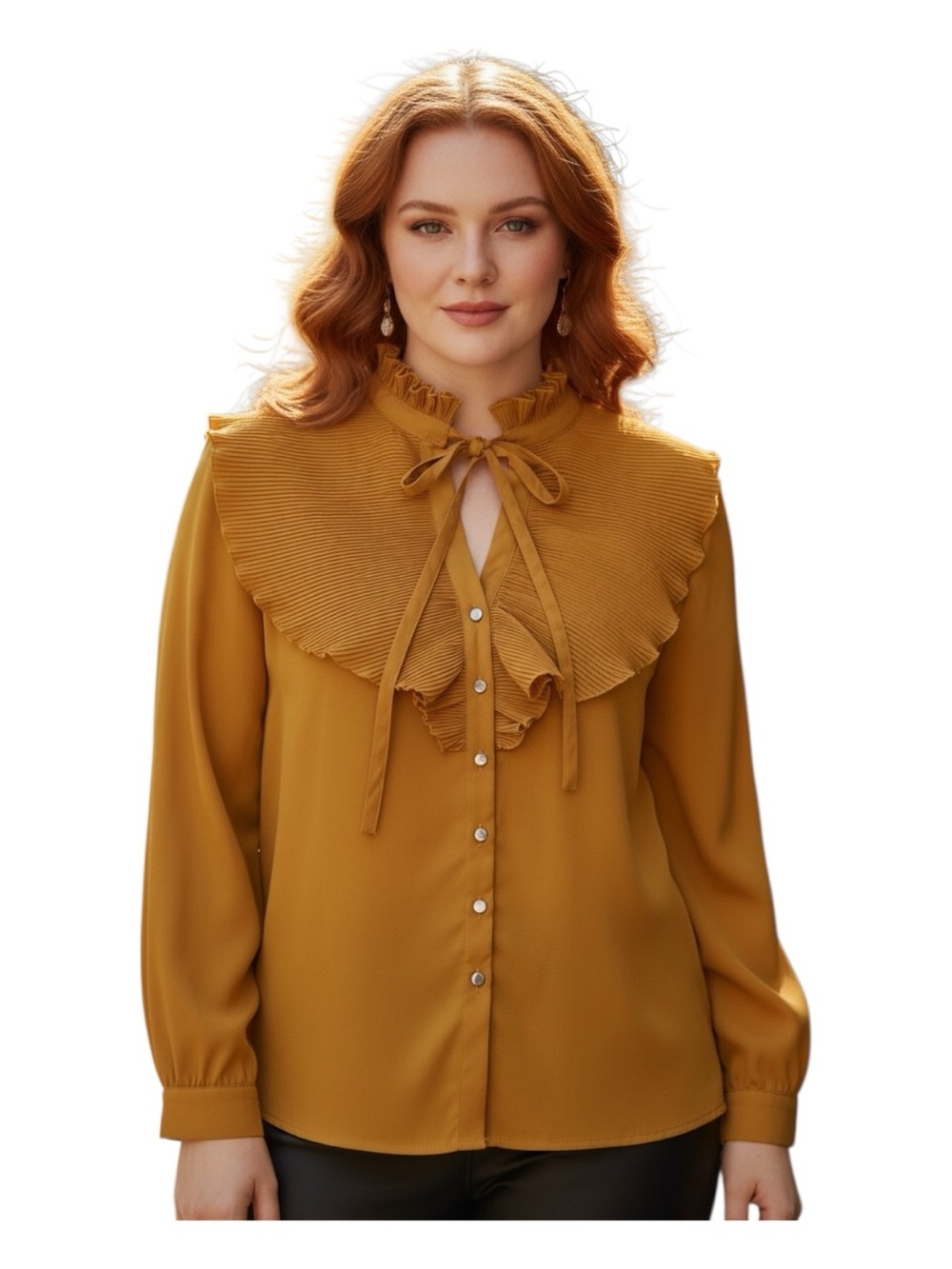 Tie-Neck Plus Size 2X Ruffle Blouse in Mustard